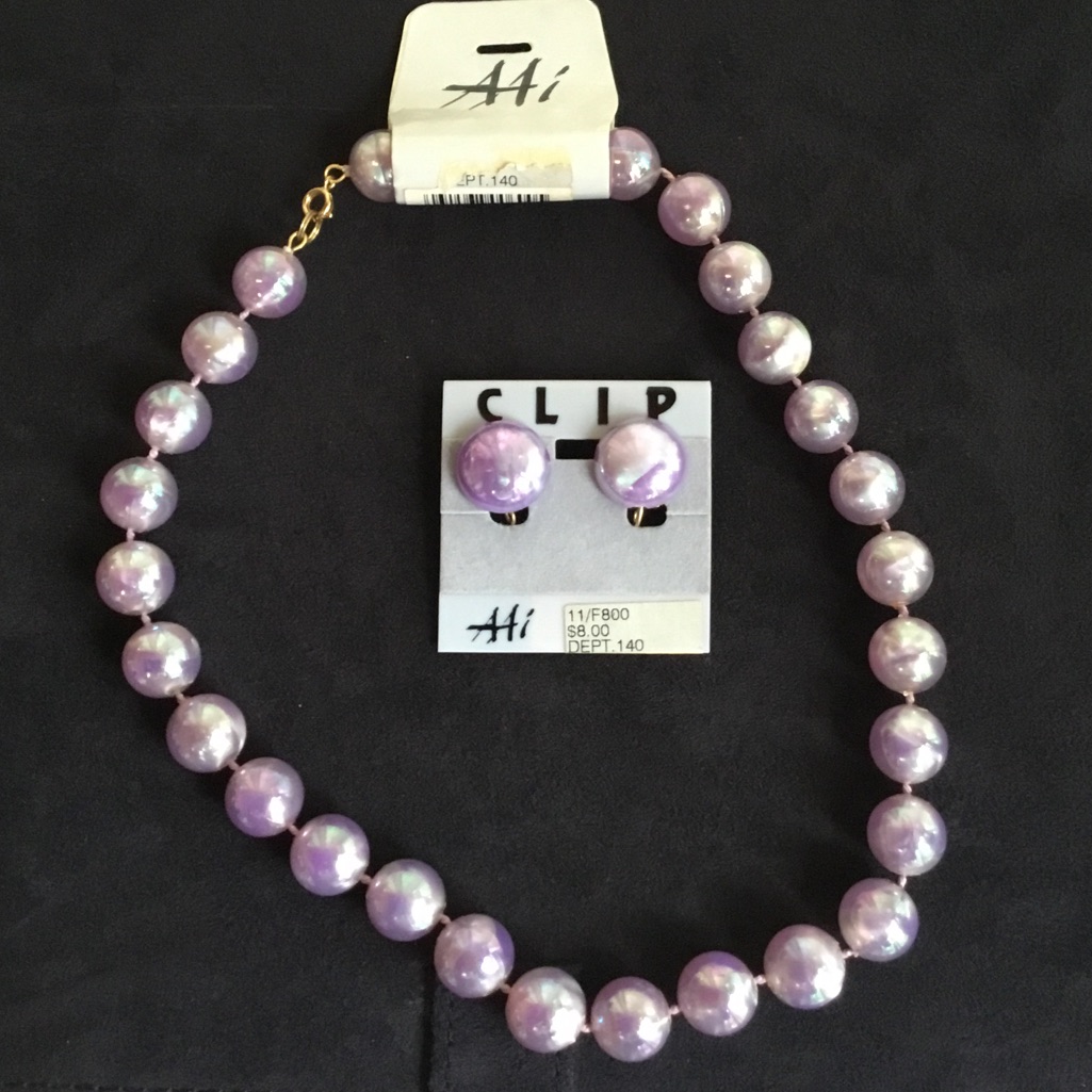 Aai Vintage Purple Iridescent Faux Pearl Necklace And Clip On Earrings
